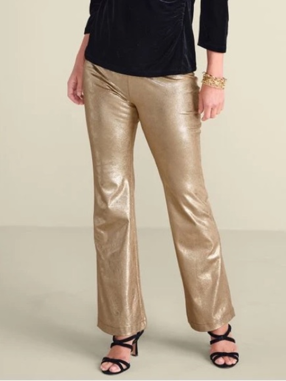 Soft Surroundings Women M Gold Metallic Pull-On Faux Suede Bootcut Pants NWT